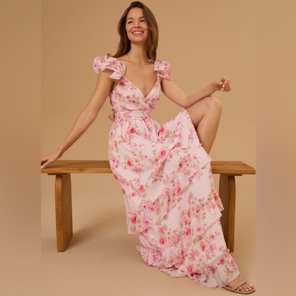Altar'd State Pink Floral Ruffle Maxi Dress
